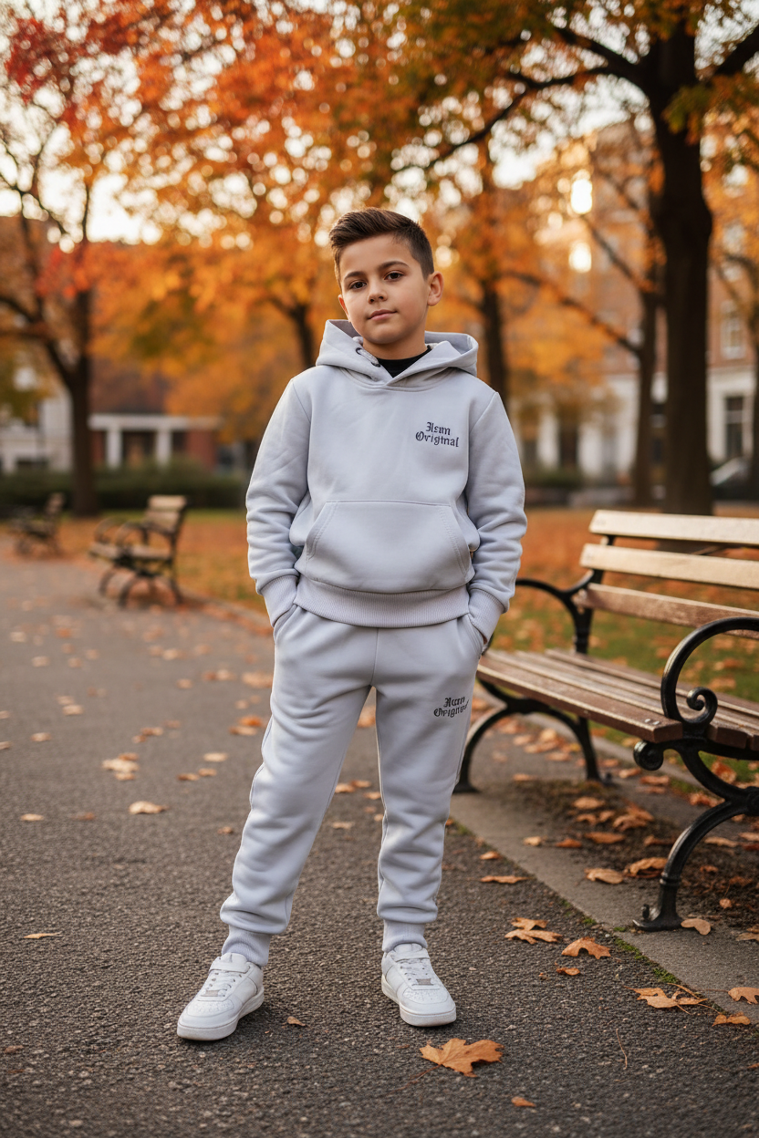Kindmodel draagt ICON Original joggingset grijs jongens in stadspark - maat 98-164