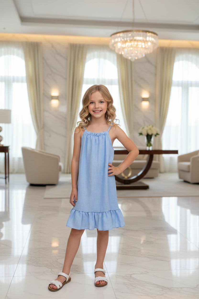 Meisjes lichtblauwe linnen jurk met spaghettibandjes en ruche zoom - model 8 jaar - luxe interieur | DeNa Fashion