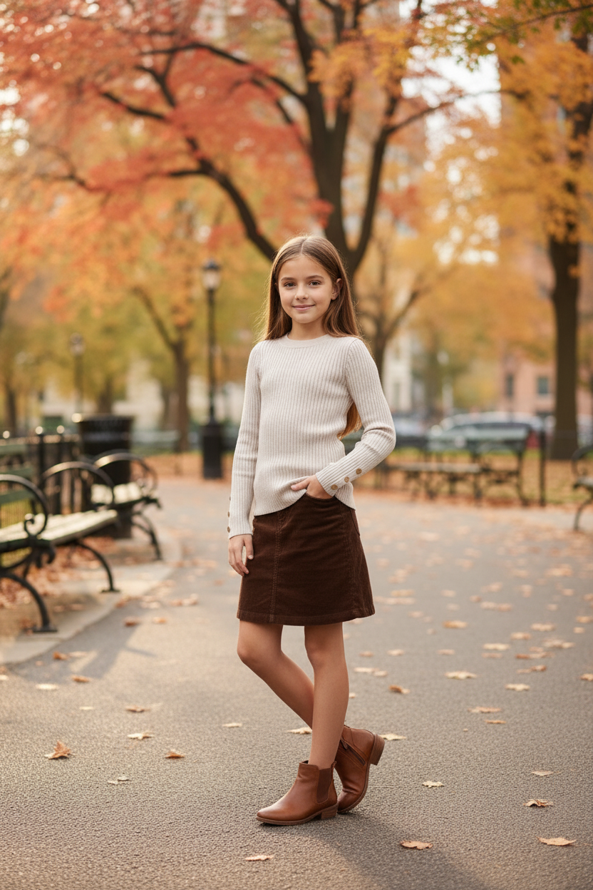 Beige ribgebreide trui meisjes met gouden knopen - bruine rok - herfstpark | DeNa Fashion