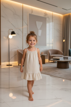 Meisjes beige linnen jurk met spaghettibandjes en ruche zoom - model 2 - luxe interieur | DeNa Fashion