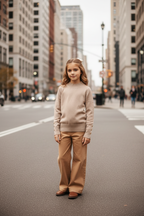 Zandkleurige gebreide trui meisjes met gouden knopen - camel broek - urban | DeNa Fashion