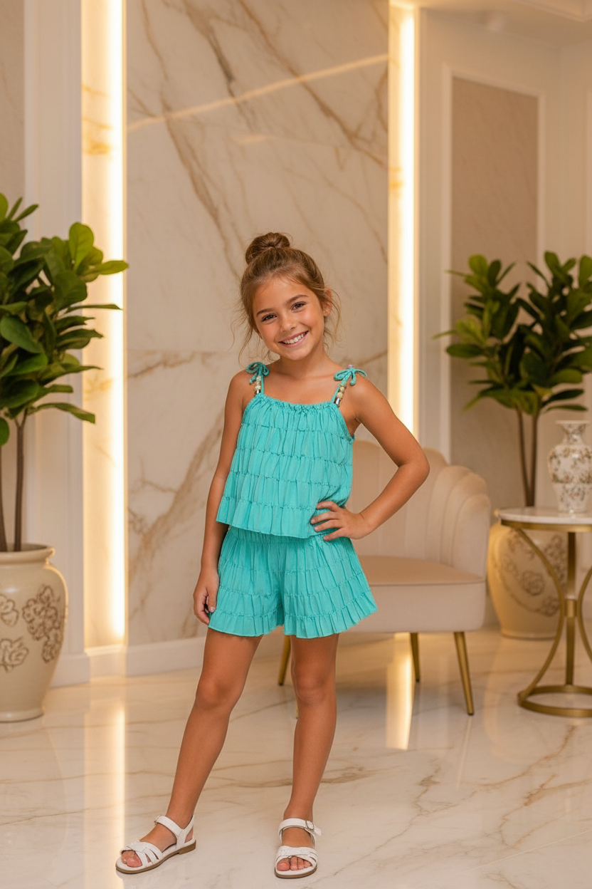 Meisjes turquoise zomerset met gelaagde ruche top en short met witte sandalen - model 1 - luxe interieur | DeNa Fashion