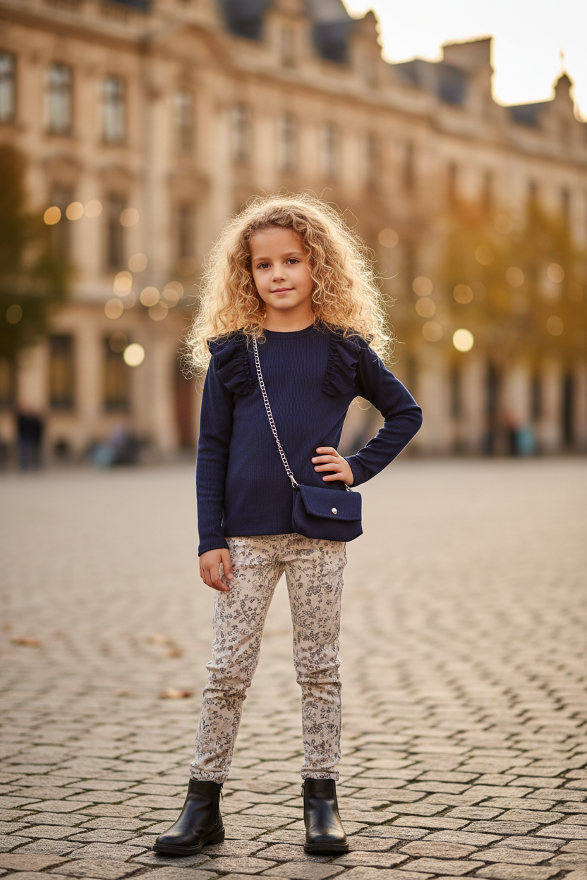 Meisjes top navy blauw ribstof ruches lifestyle blond krullend meisje 6 jaar stadsplein