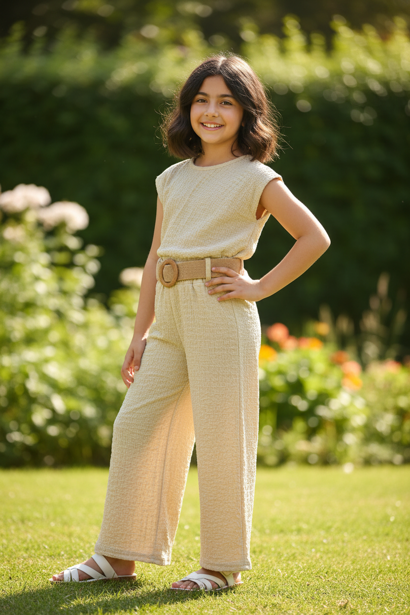 Meisjes beige tweedelige set met gestructureerde top, brede riem en palazzo broek - model 12 jaar - tuin achtergrond | DeNa Fashion