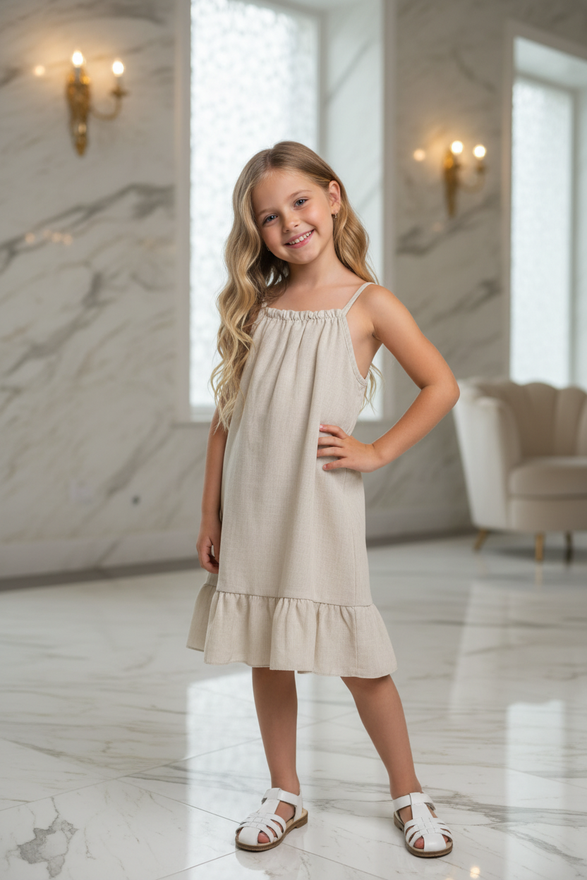 Meisjes beige linnen jurk met spaghettibandjes en ruche zoom - model 8 jaar - luxe interieur | DeNa Fashion