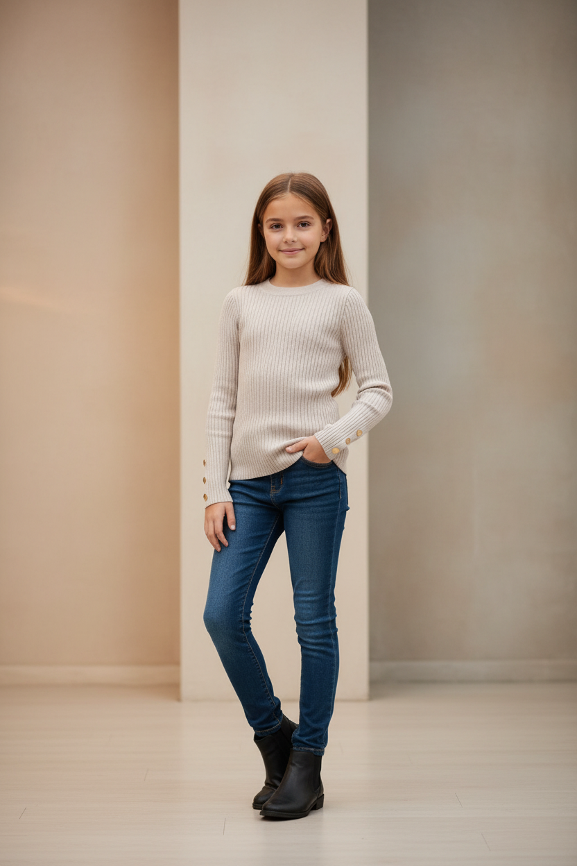 Meisje in beige ribgebreide trui met gouden knopen en blauwe jeans, indoor warme setting - DeNa Fashion