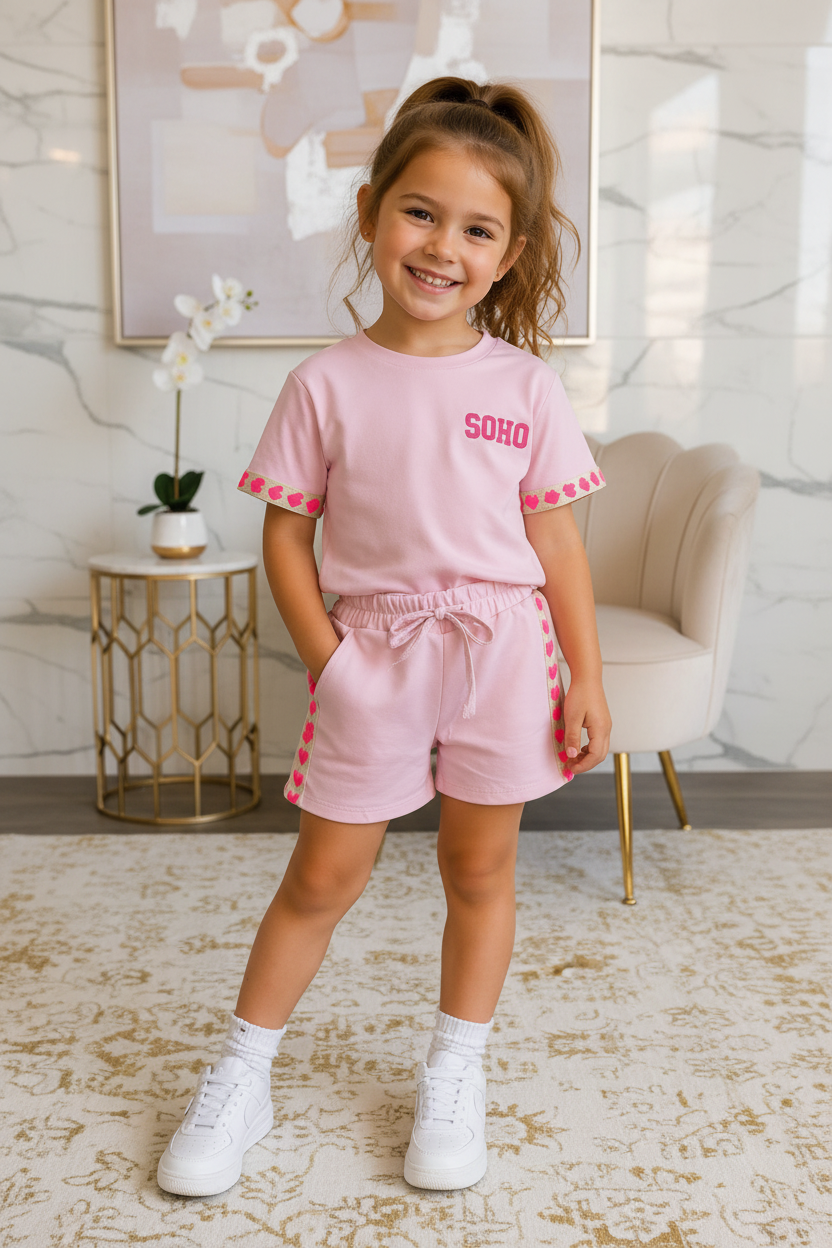Meisjes roze SOHO set met fuchsia hartjes details - model 1 - luxe interieur | DeNa Fashion
