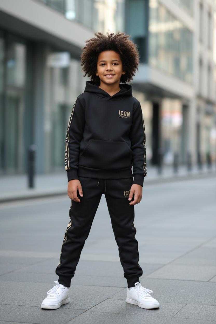 Jongens ICON zwart-goud trainingspak met hoodie en joggingbroek met gouden tape - model 11 jaar - urban achtergrond | DeNa Fashion
