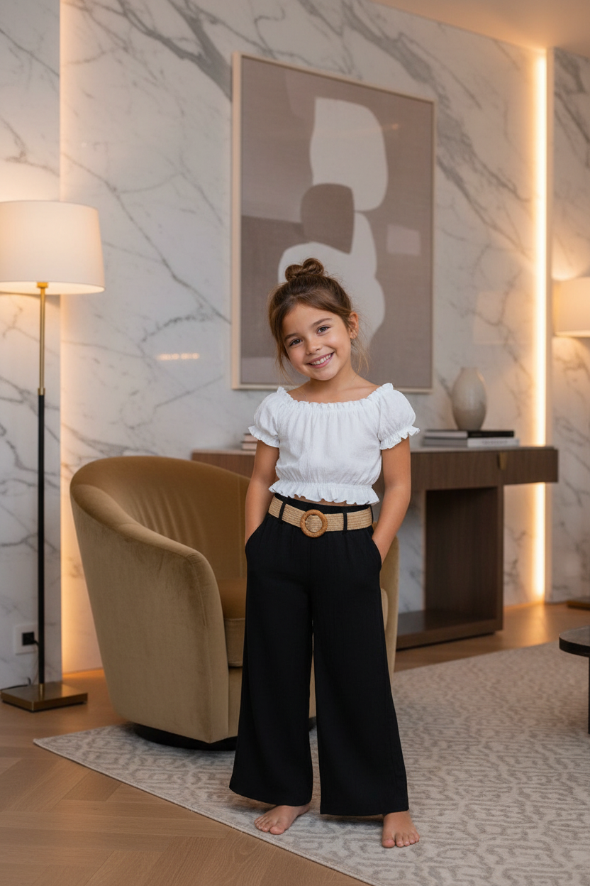 Meisjes zwart-wit zomerset met wide-leg broek en beige riem - model 3 - luxe interieur | DeNa Fashion
