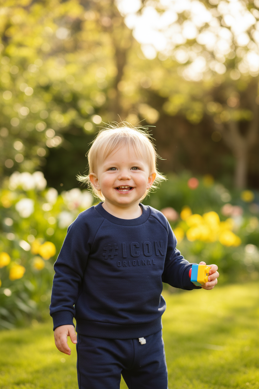 ICON baby navy blauw setje met sweater en joggingbroek - model 18 maanden - tuin achtergrond | DeNa Fashion