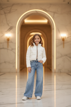 Meisjes lichtblauwe wide leg jeans met witte puffer jas - luxe interieur | DeNa Fashion