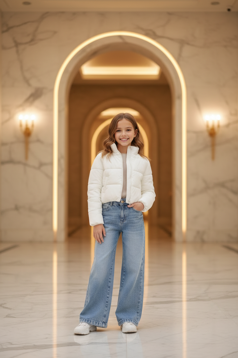 Meisjes lichtblauwe wide leg jeans met witte puffer jas - luxe interieur | DeNa Fashion