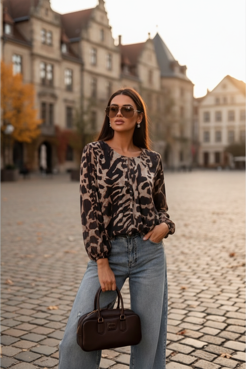 Panterprint top dames met lange mouwen op Europees stadsplein