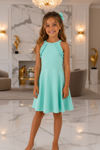 Meisjes aqua halter zomerjurk met ruches en strik - model 1 - luxe interieur | DeNa Fashion