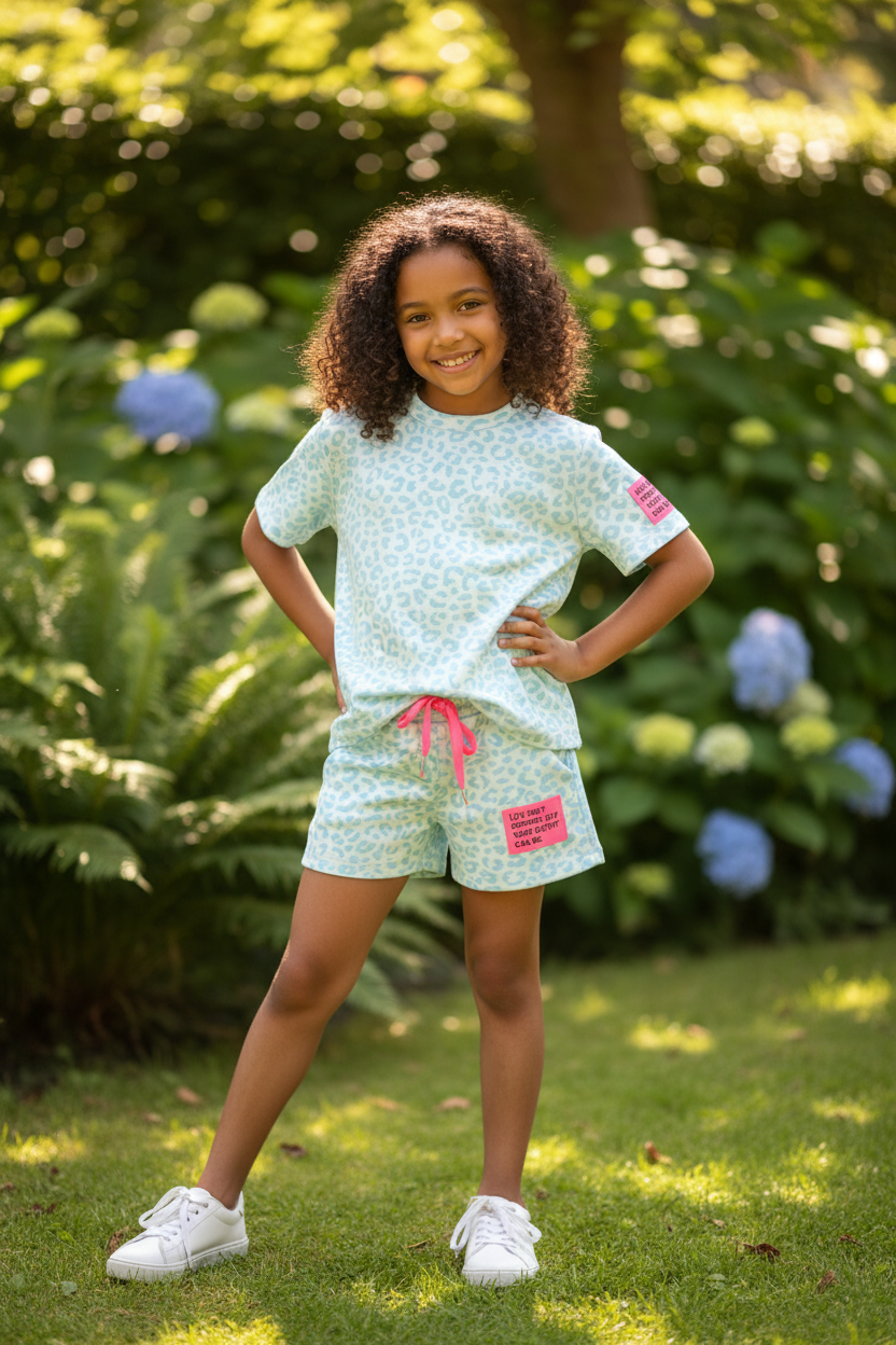 Meisjes lichtblauwe luipaardprint set met T-shirt en short met roze patch - model 2 - tuin achtergrond | DeNa Fashion
