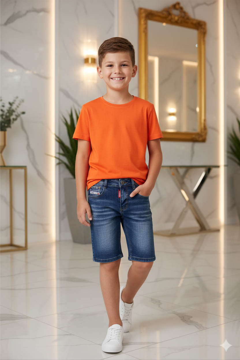 Jongens donkerblauwe slim fit spijkerbroek met oranje shirt - luxe interieur | DeNa Fashion