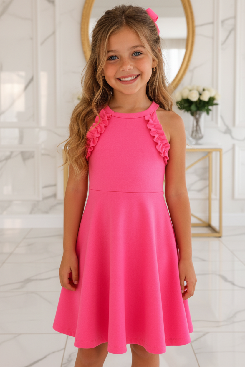 Meisjes roze halter zomerjurk met ruches en strik - model 1 - luxe interieur | DeNa Fashion