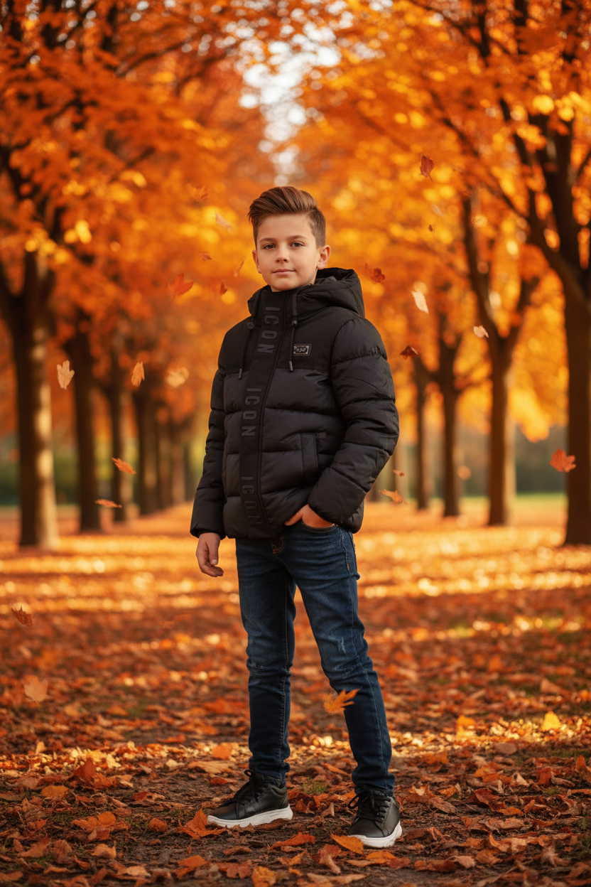 Jongens ICON zwarte gewatteerde winterjas met capuchon - herfst achtergrond | DeNa Fashion
