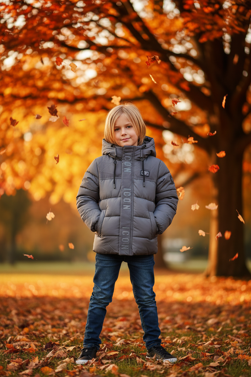 Jongens ICON grijze gewatteerde winterjas met capuchon en ICON logo band - herfst achtergrond | DeNa Fashion