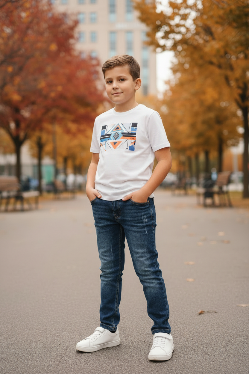 ICON donkerblauwe slim fit spijkerbroek jongens - wit t-shirt - herfstpark | DeNa Fashion