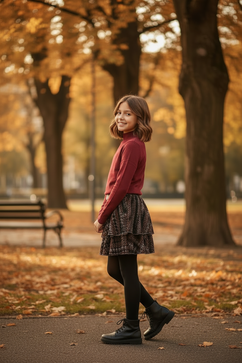 Meisjes gelaagde rok met zigzagprint donkerbruin - bordeaux shirt - herfstpark | DeNa Fashion