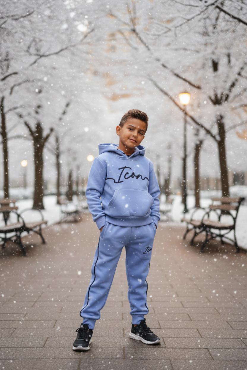 Jongens ICON lila blauwe joggingset met hoodie en broek - winterse achtergrond | DeNa Fashion