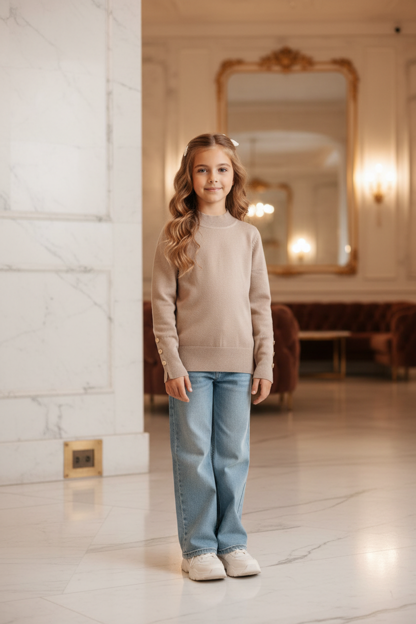 Zandkleurige gebreide trui meisjes met gouden knopen - wide leg jeans - luxe interieur | DeNa Fashion