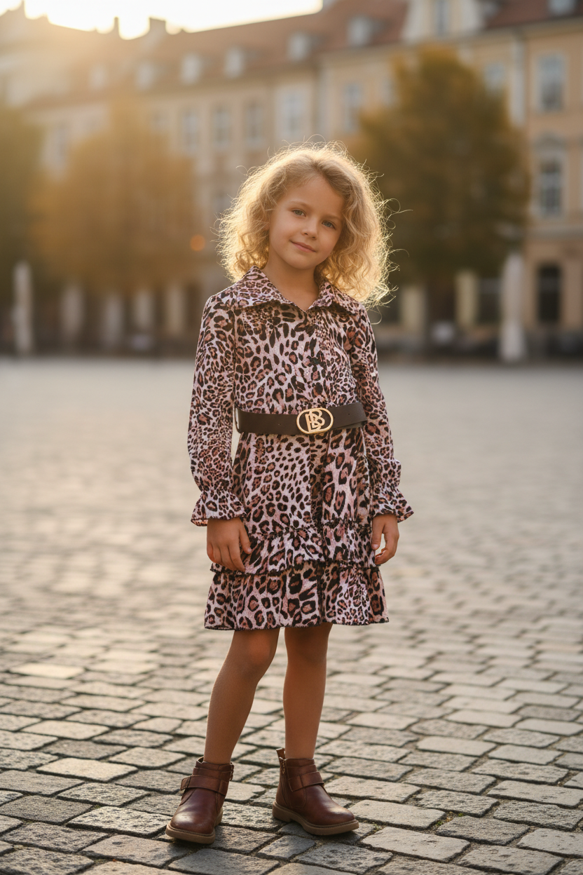 Meisjes jurk roze luipaardprint lifestyle blond krullend meisje 6 jaar stadsplein