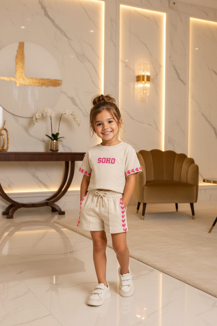 Meisjes beige SOHO set met fuchsia hartjes details - model 2 - luxe interieur | DeNa Fashion