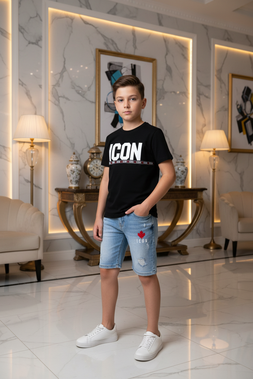 Jongens ICON zwart T-shirt met esdoornblad print en lichtblauwe denim short - model 1 - luxe interieur | DeNa Fashion