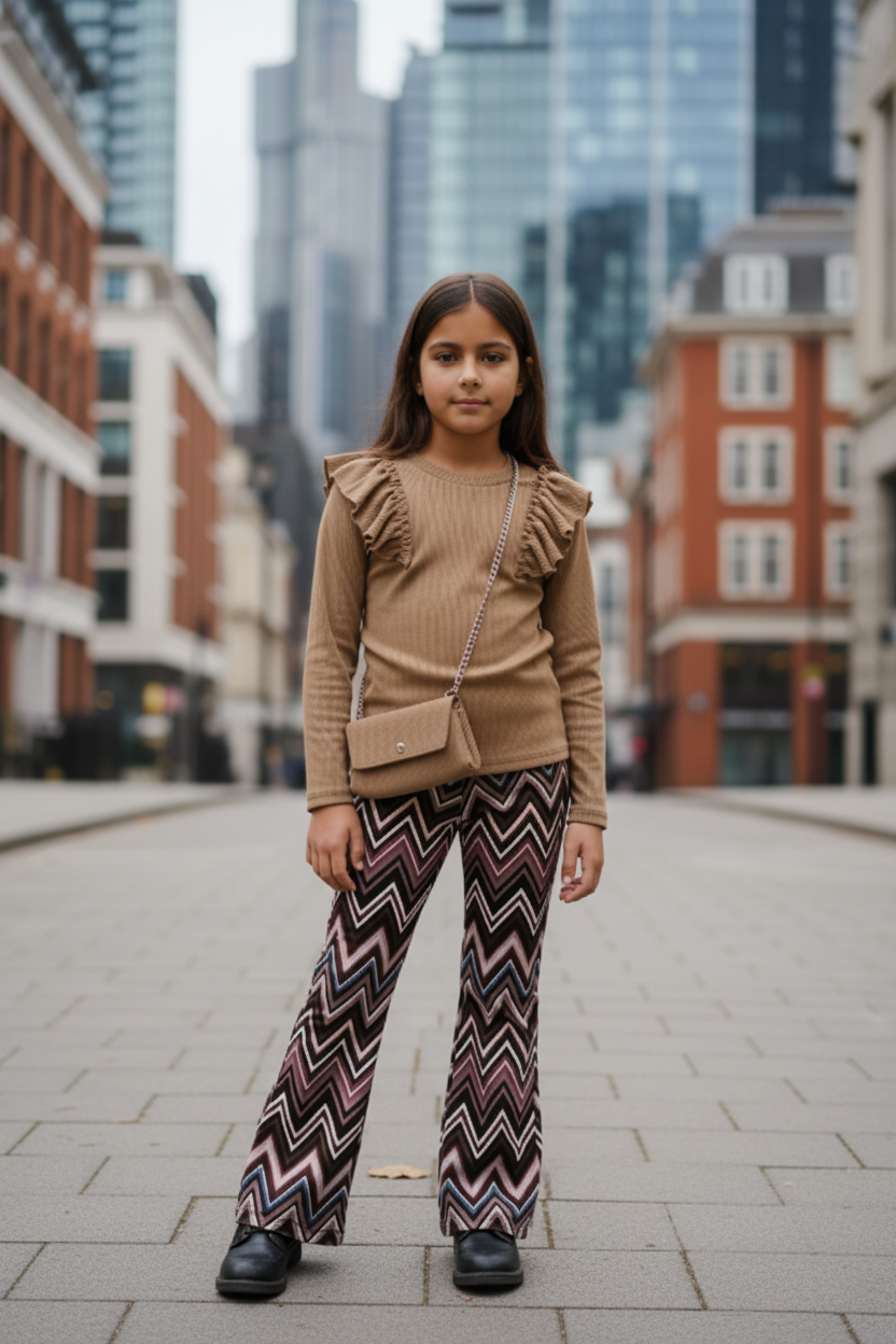 Zigzag flared broek meisjes multicolor - camel top - urban straat | DeNa Fashion
