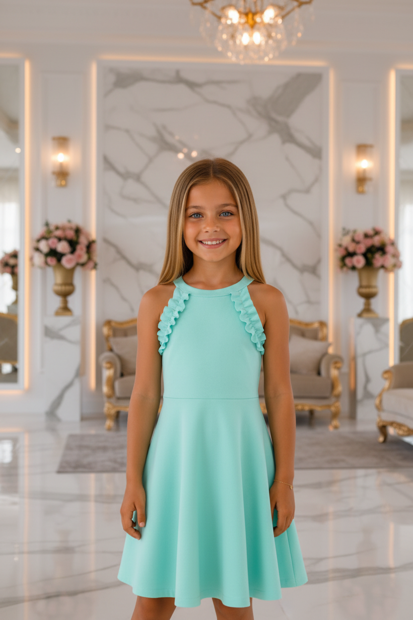 Meisjes aqua halter zomerjurk met ruches en strik - model 3 - luxe interieur | DeNa Fashion