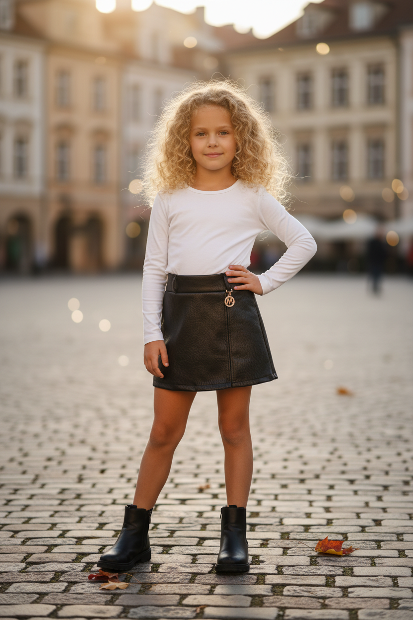 Meisjes broekrok zwart imitatieleer lifestyle blond krullend meisje 6 jaar stadsplein