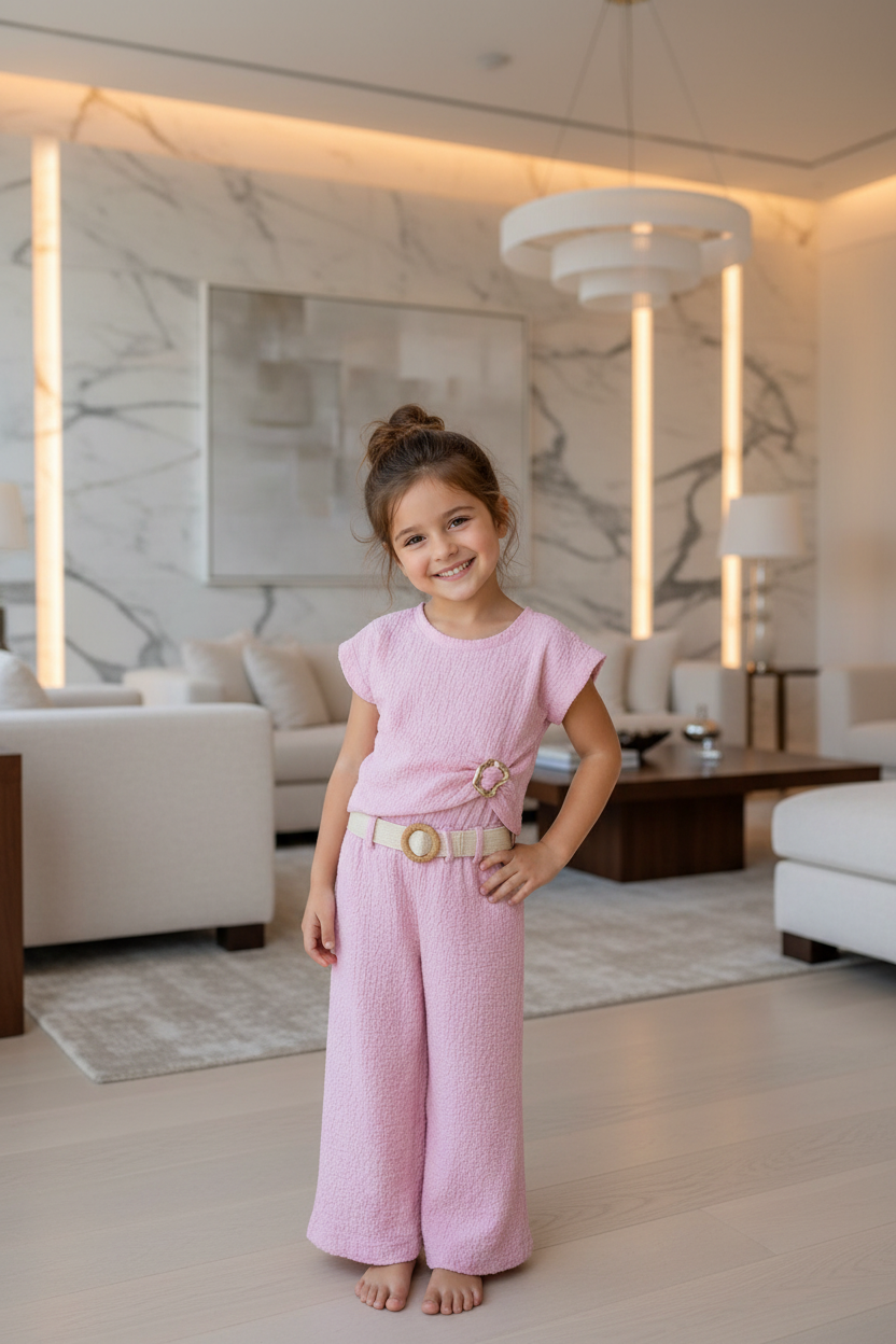 Meisjes roze zomerset met wide-leg broek en beige riem - model 2 - luxe interieur | DeNa Fashion