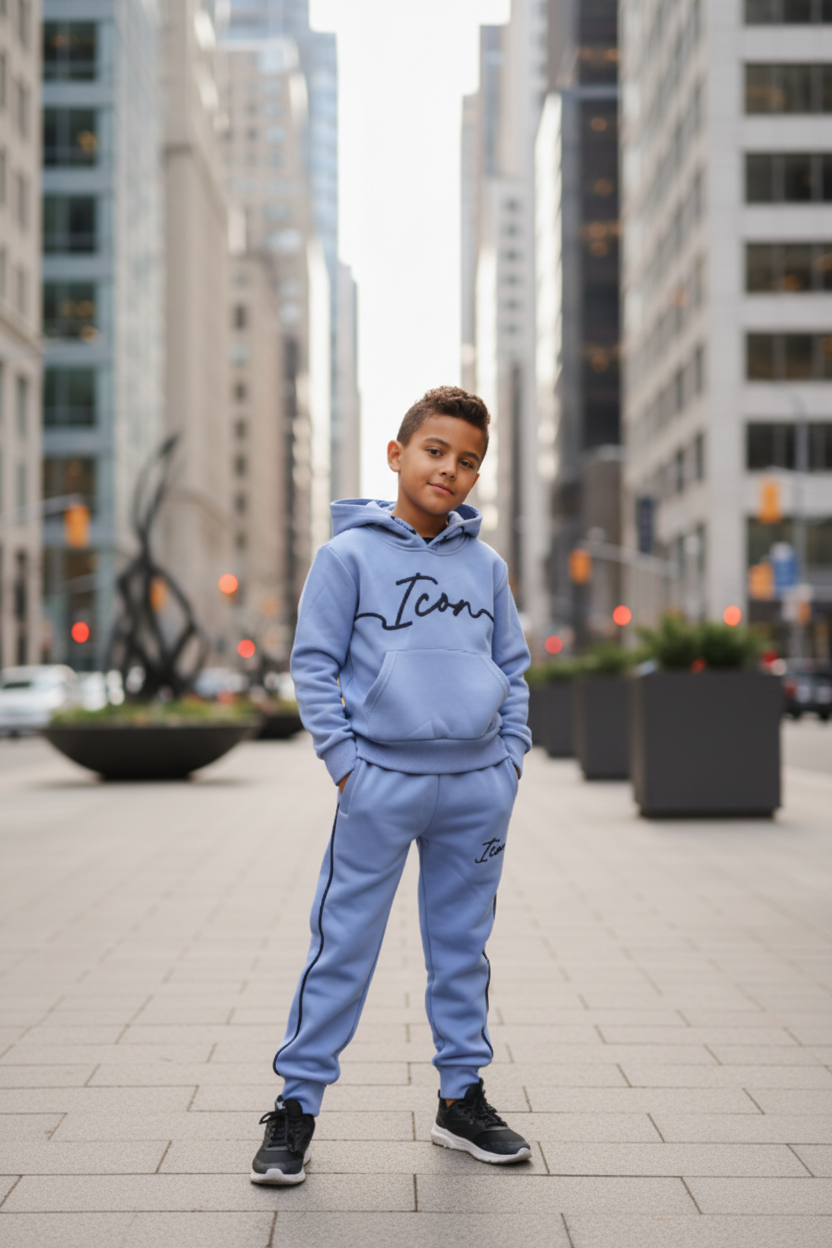 Jongens ICON lila blauwe joggingset met hoodie en broek - urban achtergrond | DeNa Fashion
