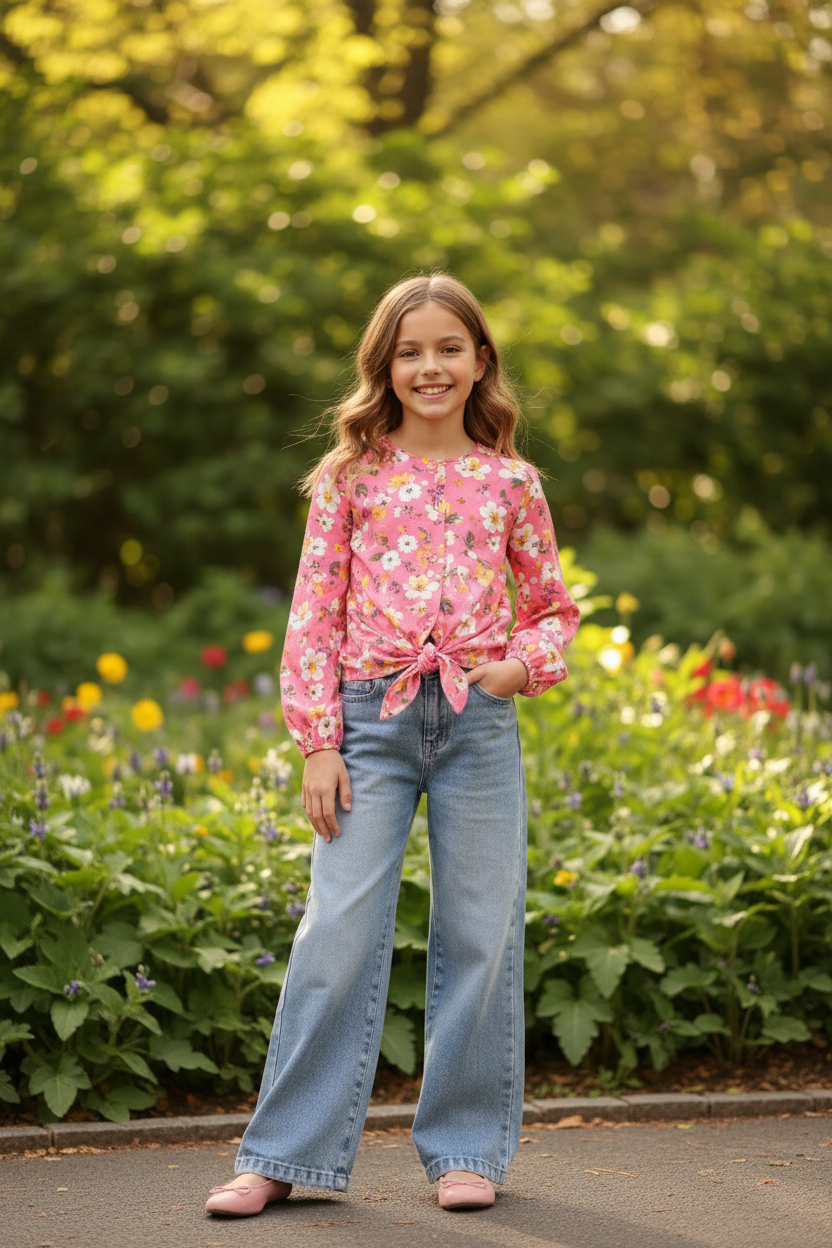 Meisjes lichtblauwe wide leg jeans met roze blouse - tuin | DeNa Fashion