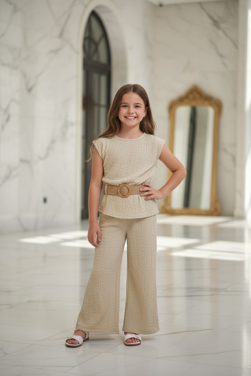 Meisjes beige tweedelige set met gestructureerde top, brede riem en palazzo broek - model 10 jaar - luxe interieur | DeNa Fashion
