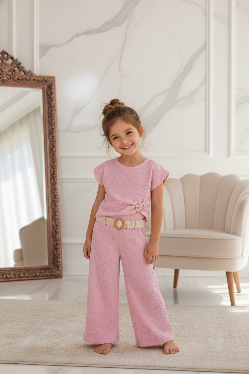 Meisjes roze zomerset met wide-leg broek en beige riem - model 3 - luxe interieur | DeNa Fashion