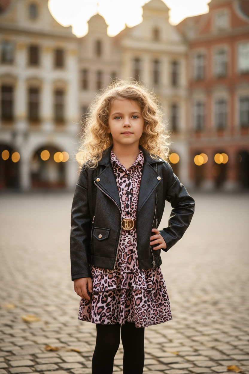 Meisjes bikerjack zwart imitatieleer over luipaardprint jurk lifestyle blond krullend meisje stadsplein