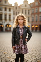 Meisjes bikerjack zwart imitatieleer over luipaardprint jurk lifestyle blond krullend meisje stadsplein