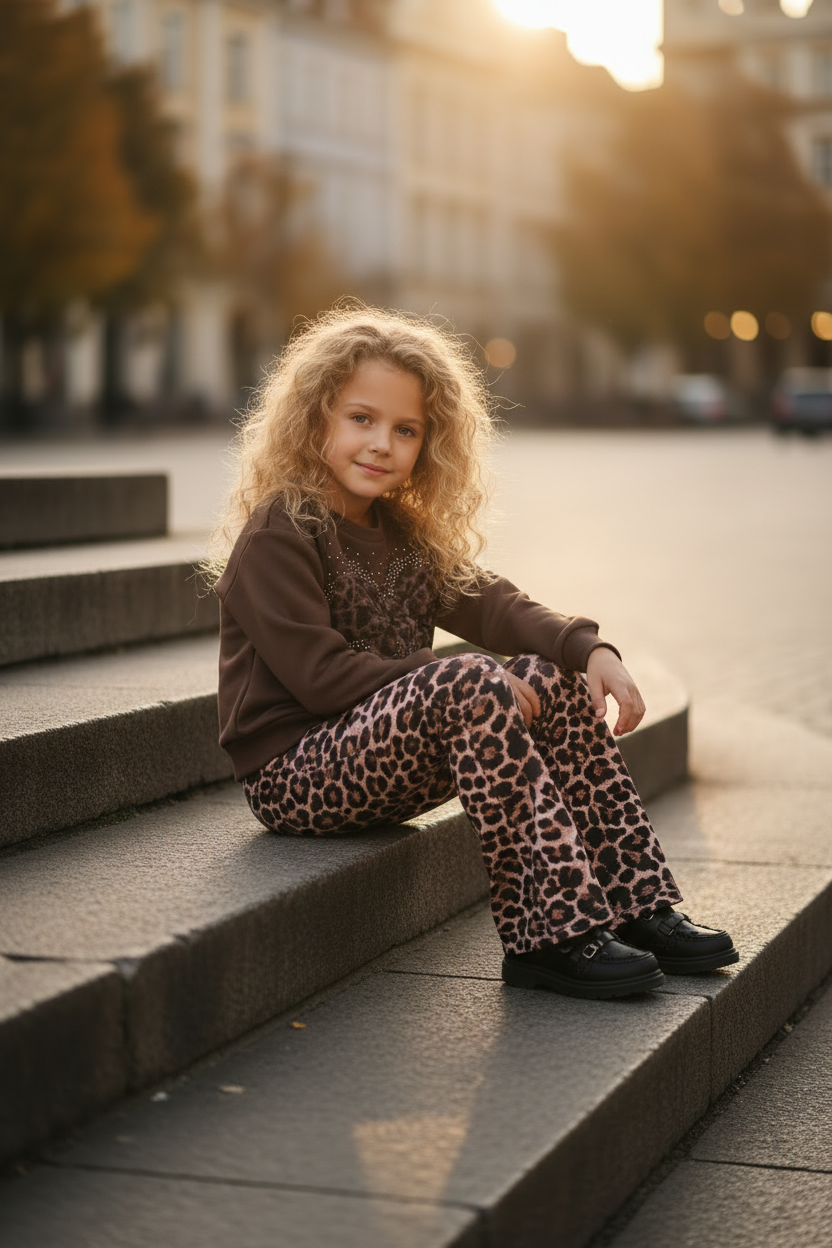 Meisjes set bruin luipaardprint lifestyle blond krullend meisje zittend op trappen stadsplein