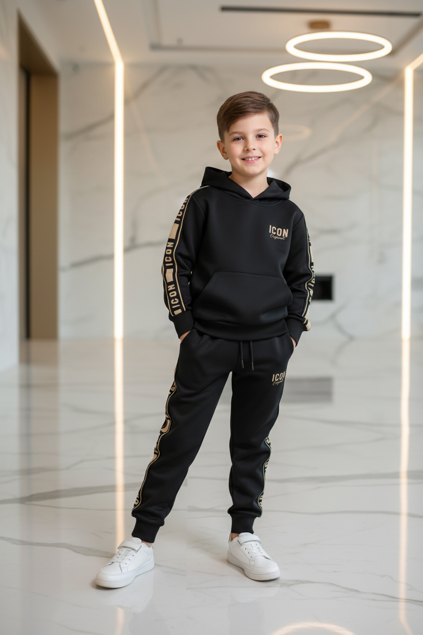 Jongens ICON zwart-goud trainingspak met hoodie en joggingbroek met gouden tape - model 8 jaar - luxe interieur | DeNa Fashion