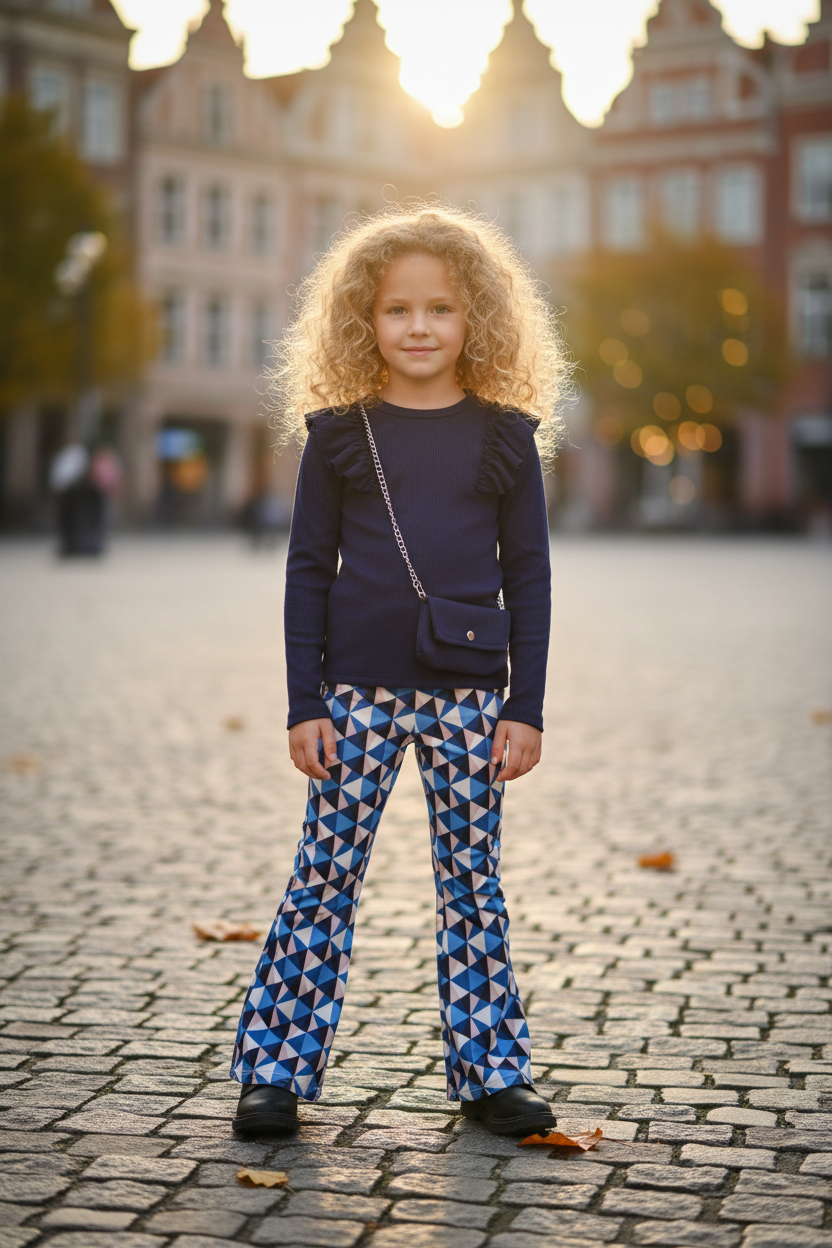 Meisjes flared broek geometrische print blauw met navy top lifestyle blond krullend meisje 6 jaar stadsplein
