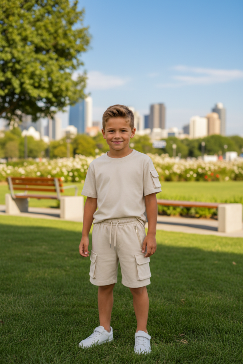 Jongen van 8-10 jaar draagt beige zomerset met cargo T-shirt en cargo short met zijzakken in een stadspark