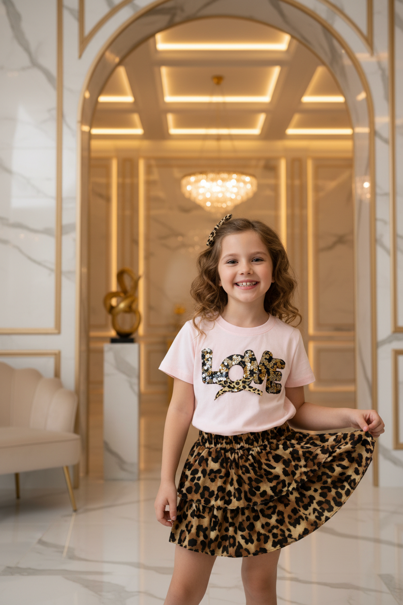 LOVE meisjes set roze met luipaardrok - luxe achtergrond