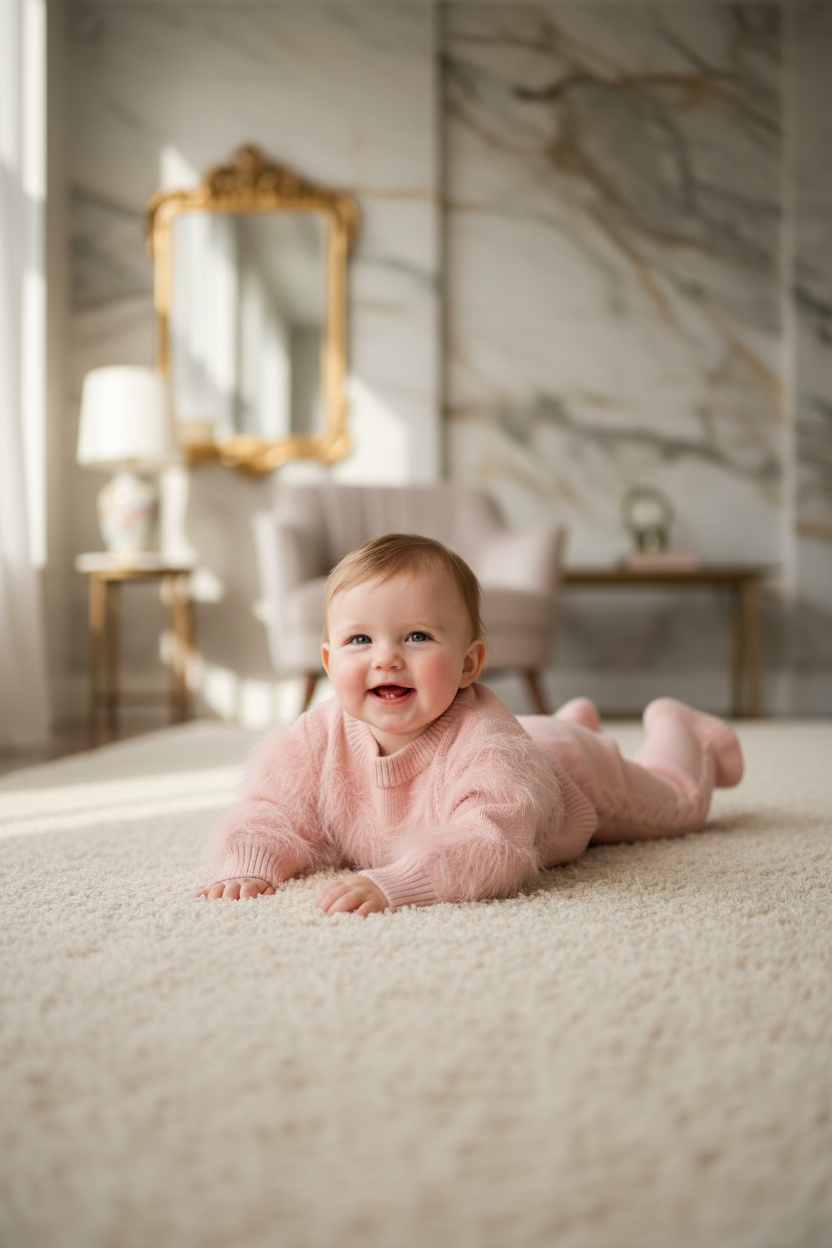 Roze gebreid babysetje meisje met fluffy mouwen en kabelpatroon — DeNa Fashion