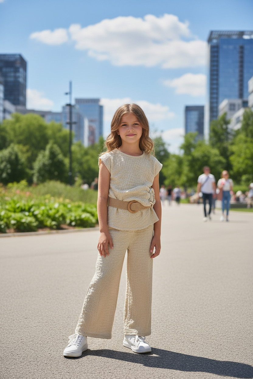 Meisjes beige set met wide leg broek en riem stadspark