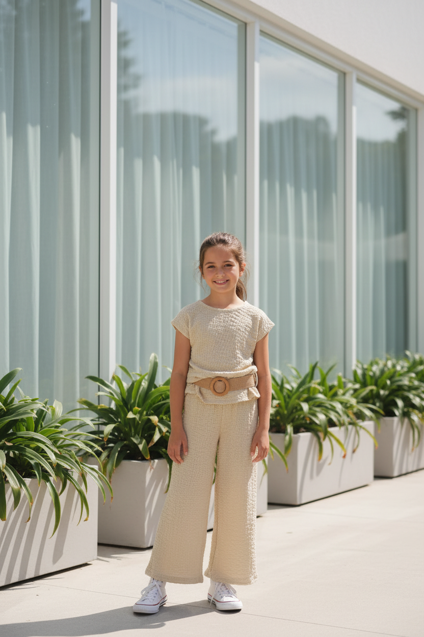 Meisjes beige set modern gebouw achtergrond