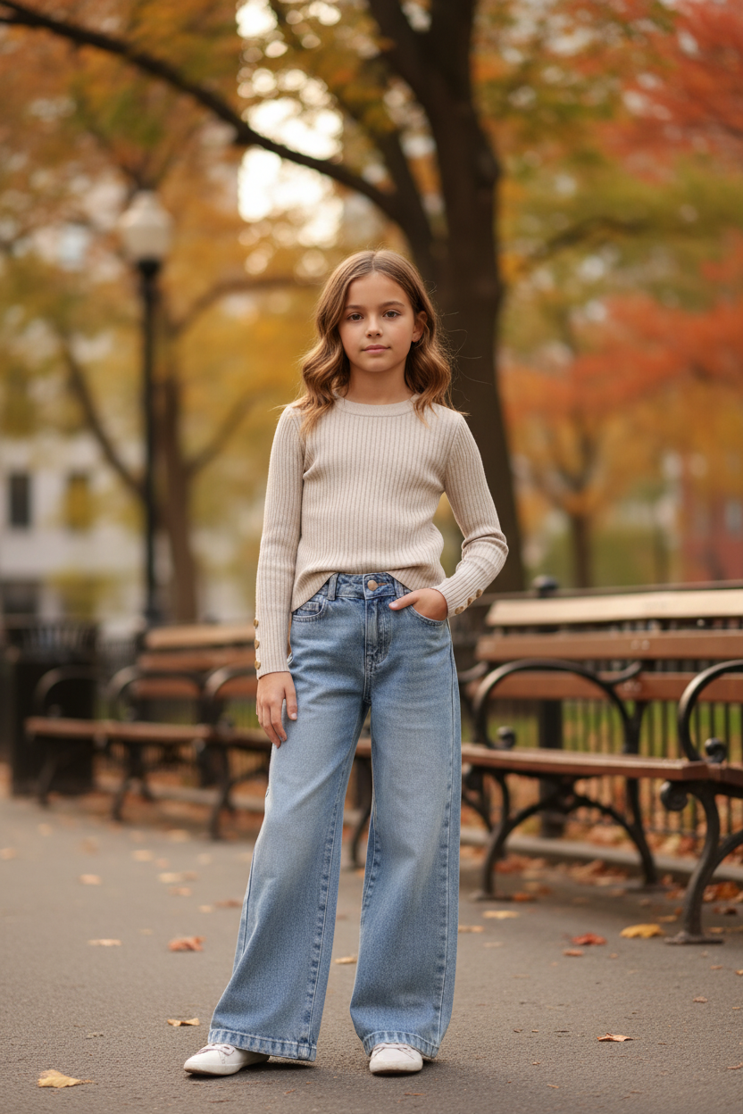 Meisjes kindmodel beige trui wide leg jeans stadspark