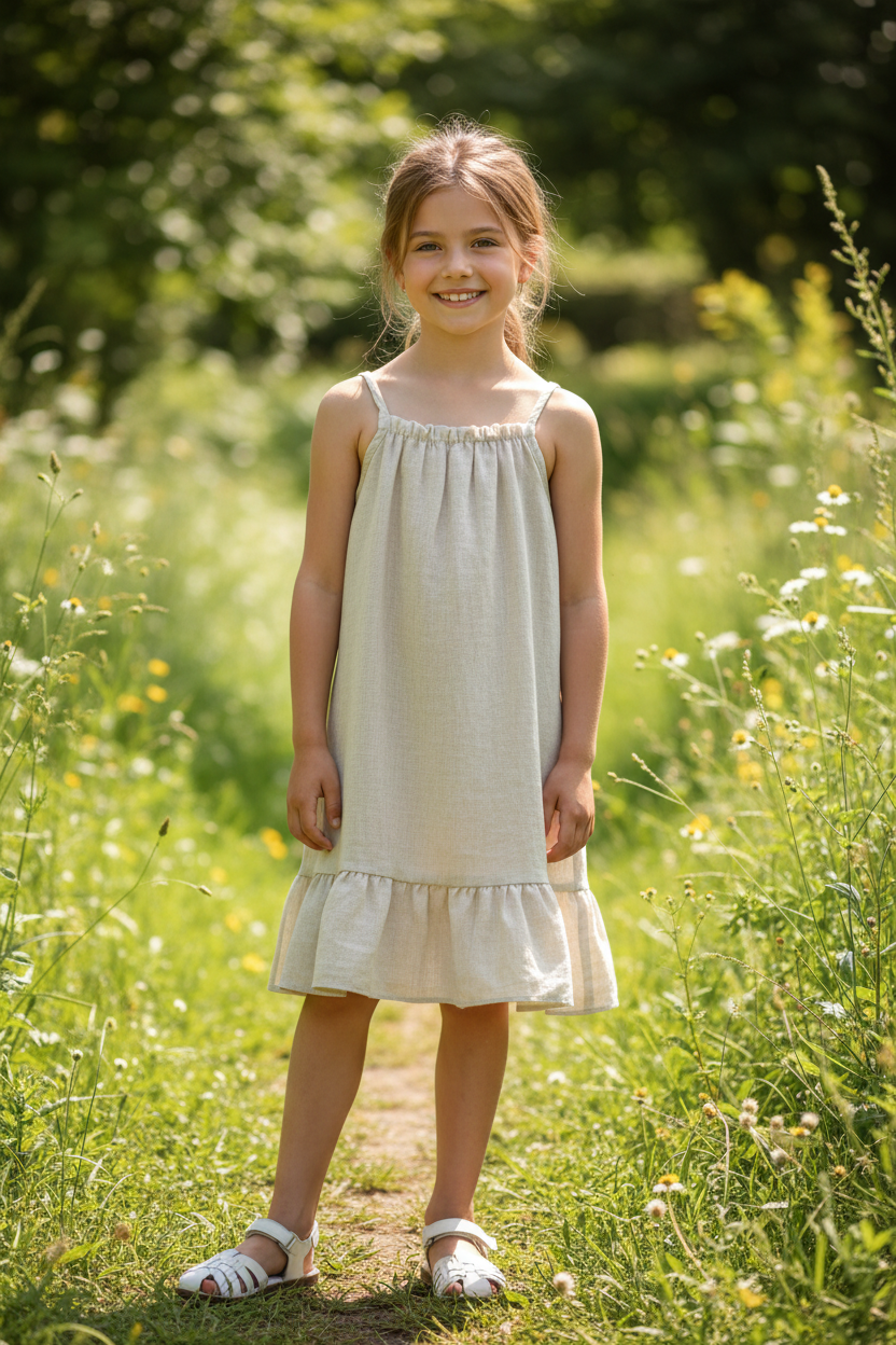 Meisjes linnen jurk beige kindmodel zomer